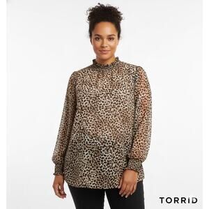 NWT Torrid Plus Size 3X Leopard Print Sheer Ruffle High Neck Blouse Tunic Top